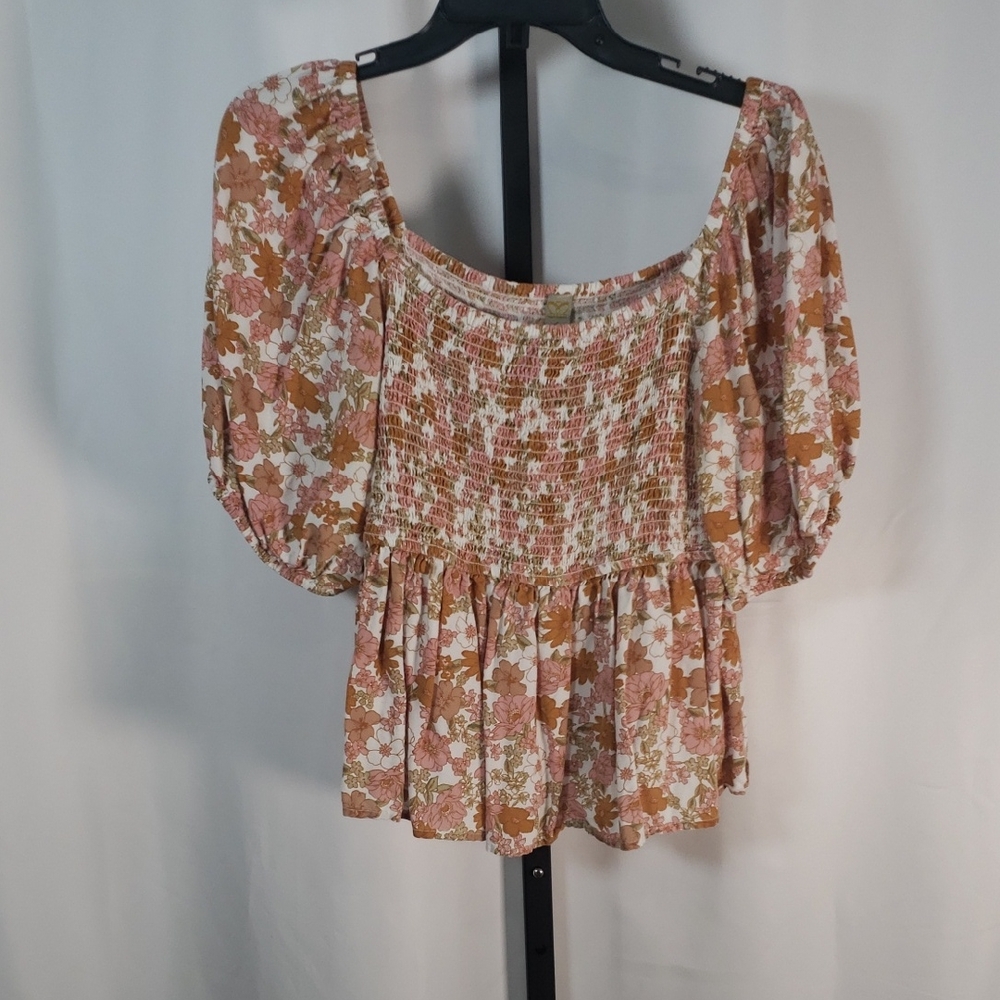 Dizzy Love Pink & Tan Floral Smocked Peplum‎ Blouse - SZ L